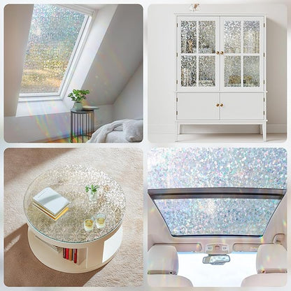 Haton Window Privacy Film, Rainbow Stained Glass Window Clings, 3D Decorative UV Sun Blocking Sticker, Removable Static Cling Heat Control Tint for Home Door, 35.4" x 157.4" Non-Adhesive