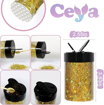 Ceya Holographic Chunky Glitter, 4.9oz/ 140g Lazurite Gold Craft Glitter Powder Mixed Fine Flakes Iridescent Nail Sequins for Nail Art, Hair, Epoxy Resin, Tumblers, Slime, Painting, Festival Decor