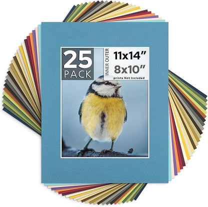 Mat Board Center, Pack of 25, 11x14 for 8x10 Mixed Color Mats - Acid Free, 4-ply Thickness, White Core - for Pictures, Photos, Framing