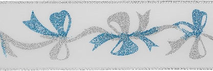 MEEDEE Blue & Silver Christmas Ribbon, 2.5 Inch Wired Satin Ribbon with Turquoise & Silver Glittery Bows, 10 Yards (30 Feet), Perfect for Tree, Garlands, Toppers & Bows