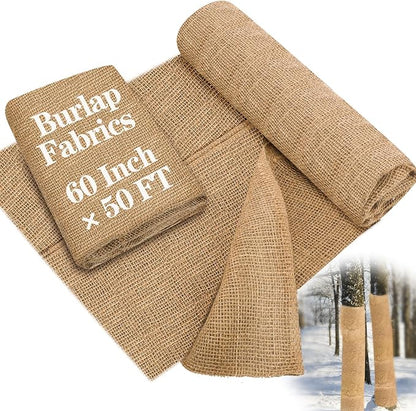 Buryeah 60 Inch x 50 ft Burlap Fabrics Roll Natural Jute Burlap Garden Tree Wrap Outdoor Weed Barrier DIY Fall Halloween Craft Winter Frost Plant Landscape Blankets Cloth for Plant Gardening Shrubs