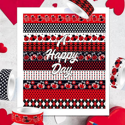 12 Rolls Insect Washi Tape, Seven Star Ladybug Masking Tape, Red Black Spots Decorative Tape for Journaling, Scrapbooking, DIY Crafts, Planner, Gift Wrapping, 16.4FT