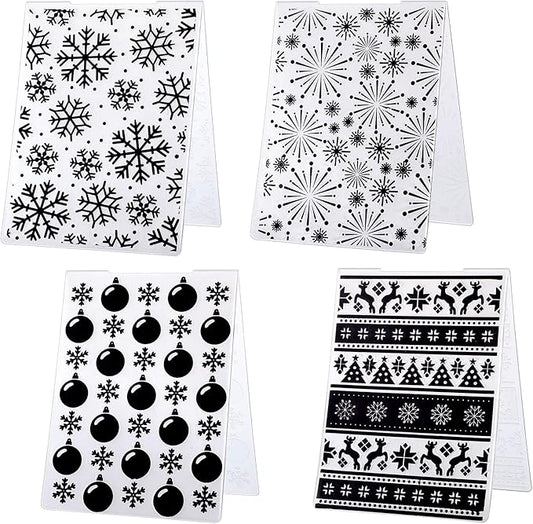 4 Pieces Christmas Plastic Embossing Folder Christmas Embossing Template Snowflake Bells Pattern Scrapbooking Embossing for Christmas Craft Cards Decorations