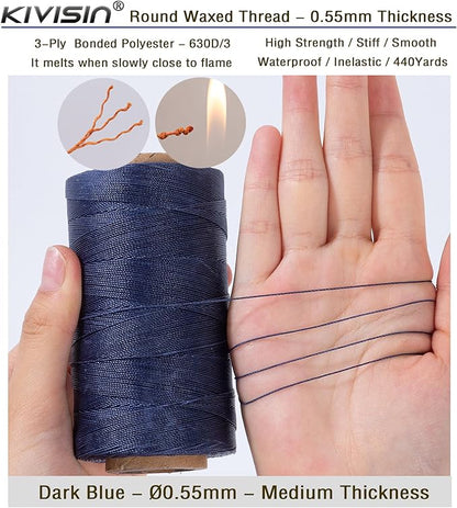 Round Waxed Polyester Thread 0.55mm, 440 Yards, Dark Blue, Stiff 3 Ply Leather Wax String for Hand Sewing, Beading, Knotting, Book Binding, Upholstery, Macrame Jewelry and Bracelets Making