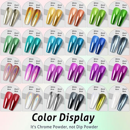 Gold Silver Chrome Nail Powder, 24 Colors White Pearl Unicorn Iridescent Holographic Nail Chrome Powder, Red Blue Green Black Purple Rose Gold Metallic Mirror Chrome Powder for Nails Glitter Pigment