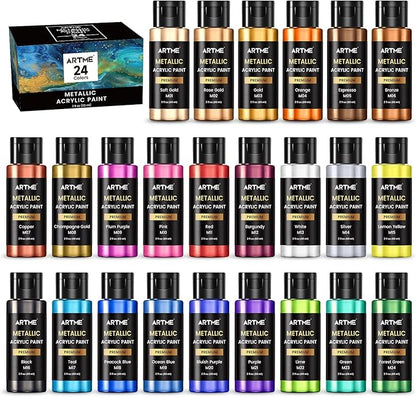 ARTME Metallic Acrylic Paint Set, 24 Metallic Colors in 2 oz/60ml Bottles, Metallic Shining Acrylic Paint, Rich Pigments Paint Perfect for Artists, Beginners on Canvas, Rocks, Wood, Fabric, Ceramic