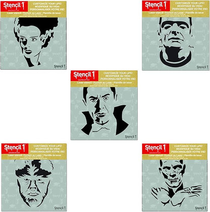 Halloween Monsters 5 Pack Stencil Set, Pumpkin Stencils, Halloween Motifs, Includes Dracula, Frankenstein, Bride, Werewolf, Mummy, Each Measure 5.75 x 6