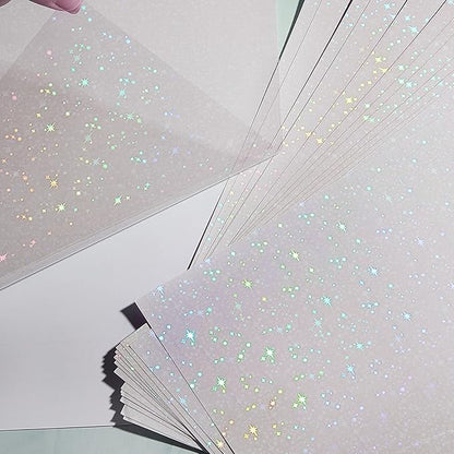 36 Sheets Holographic Sticker Paper Clear A4 Vinyl Sticker Paper Self Adhesive Waterproof Transparent Film Gem Rainbow Star Patterns, 11.7 x 8.3 Inch (Star)