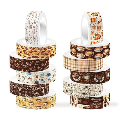 12 Rolls Coffee Washi Tape Set, Vintage Coffee Decorative Tapes, Retro Brown Watercolor Cafe Masking Tape for Journaling, Scrapbooking, Planner, DIY Arts Crafts Supplies, Gift Wrapping 16.4FT
