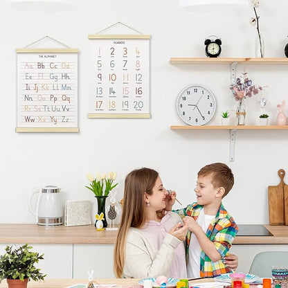 BONETAT Numbers alphabet poster for Nursery Toddlers,Correct Letter Formation on Line Paper, Play Room Wall Decor,ABC Wall Chart,Preschool Homeschool Decor Kids Wall Decor,Wooden Alphabet Banner-A04