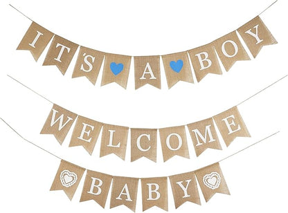 MEEDEE Welcome Baby Banner - It's A Boy Burlap Shower Decorations, Rustic Hanging Bunting for Safari Theme, 3 Pieces
