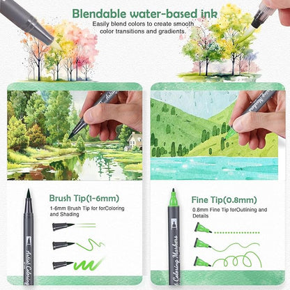 Watercolor Pens Set, 48-Color Dual Tip Paint Markers, Water-Based Coloring Markers with 1 Aquapen, 2 Colorless Blenders, 1 Black Marker, and 12-Page Pad, Paint Supply for Artists & Beginners