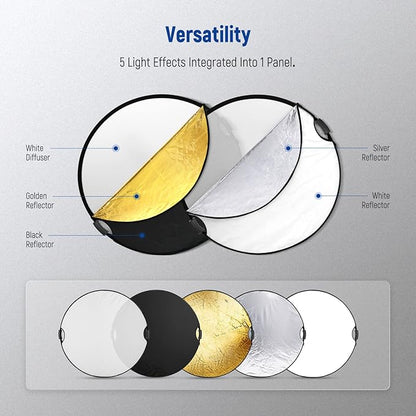 NEEWER 43"/110cm Light Reflector with Handle Grip with 3/8" Thread, 5 in 1 Collapsible Disc Light Diffuser Translucent/Silver/Gold/White/Black for Photography Lighting, Outdoor Lighting, RF-110II