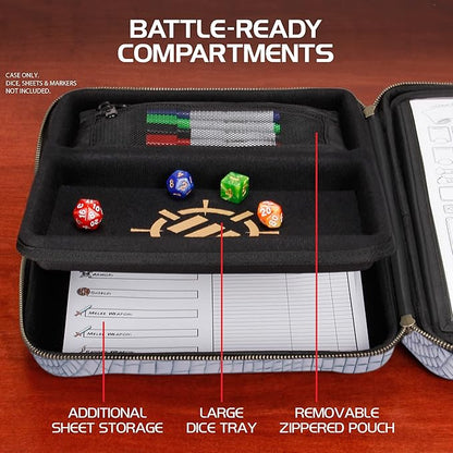 ENHANCE RPG Organizer Case - DnD Binder with Built-in Character Sheet Holder and Erasable Scribe Panel, Dice Rolling Area, Removable Pen Pouch, Miniature Foam Tray, Wrist Strap