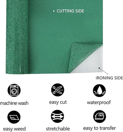 FUNKAKA Glitter Green HTV Heat Transfer Vinyl Rolls, 12" x 25ft PU Iron on Vinyl for T-Shirt Green Glitter HTV Vinyl for All Cutter Machines Easy to Cut & Weed for Heat Vinyl Design