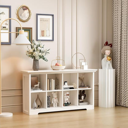 Cube Shelf Bookcase with Base - Wooden 2 Tiers Floor Standing Low Storage Cabinet for Home and Office, 8-Cube Lattice Bookshelf, Warm White