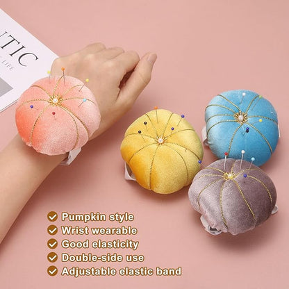 HARFINGTON Wrist Pin Cushion Wristband Sewing Pincushion Polyester Pin Holder Wearable Pumpkin Shaped Needles Wristband with 100 Head Needles for Sewing Quilting DIY Crafts, Purple