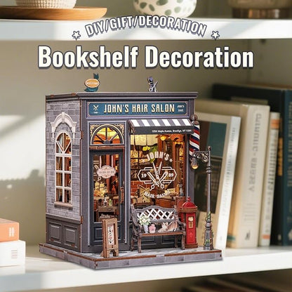 CUTEBEE Book Nook Kit - DIY Miniature House Dollhouse Kit for Adults, Booknook Hair Salon Barbershop Tiny House Bookshelf Decor 3D Wooden Puzzle, Gifts for Family and Friends (John's Hair Salon)