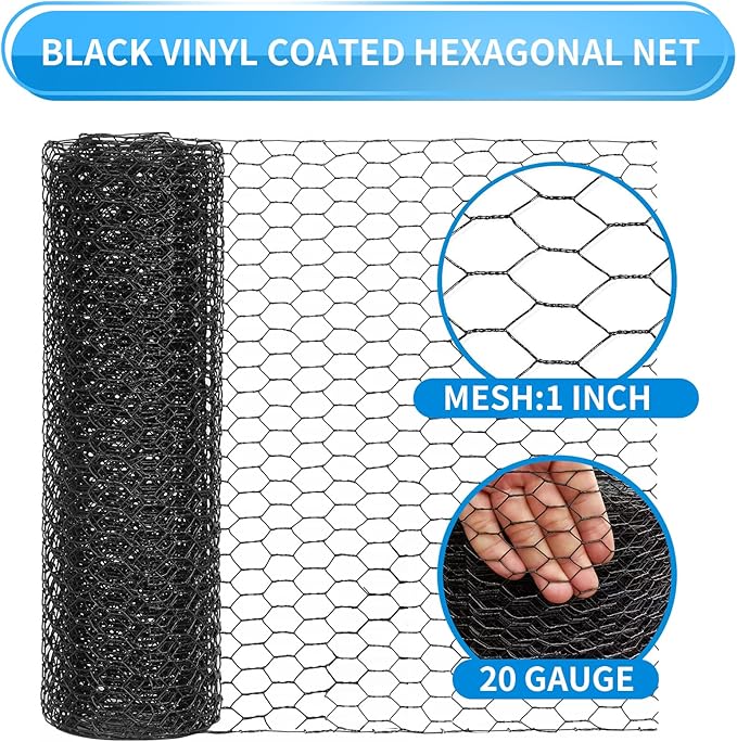72'' x 150' Black Chicken Wire Fencing, 1 inch Chicken Wire and 20 Gauge Poultry Netting, Garden Mesh Fence Roll for Floral Arrangements/Crafts/Farm/Livestock/Pet Protection