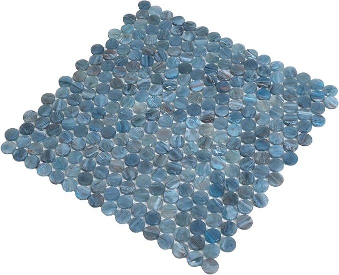 Denim Blue Penny Round Mosaic Glass Tile – Sample Swatch- 4"x5" - Luxurious Design for Bathroom Walls, Kitchen Backsplash, Shower Walls - Elegant Wall Decor - NOT Peel and Stick Tile