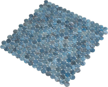 Denim Blue Penny Round Mosaic Glass Tile – Sample Swatch- 4"x5" - Luxurious Design for Bathroom Walls, Kitchen Backsplash, Shower Walls - Elegant Wall Decor - NOT Peel and Stick Tile