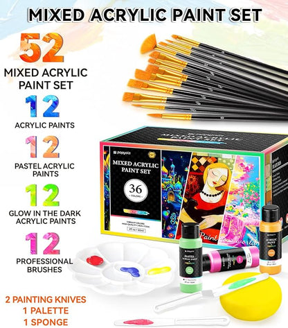 52 PCS Classic & Pastel & Glow in the Dark Acrylic Paint Set with 12 Brushes, 2 Knives & Palette, 36 Colors Art Craft Paint for Beginners, Halloween Pumpkin Canvas Ceramic Rock Painting Kit