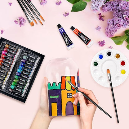 Colorful Stain Glass Paint Set with 6 Brushes, 1 Palette, 24 Color Waterproof Acrylic Enamel Painting Kit for Kids to Arts on Transparent Wine Glasses, Light Bulbs, Windows and Ceramics