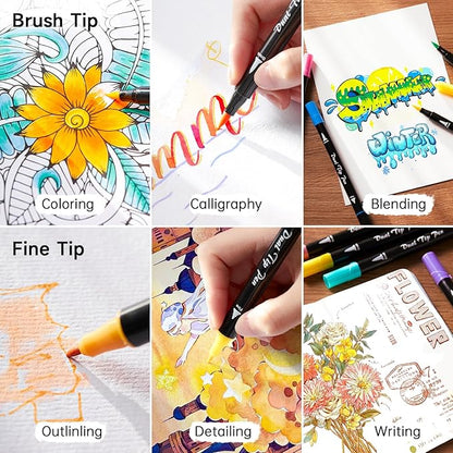 Shuttle Art Dual Tip Brush Marker Pens, 25 Colors Water-based Ink, Fine and Brush Tip Marker Set with 1 Coloring Book for Kids Adult Artist Calligraphy Hand Lettering Journal Doodling Writing