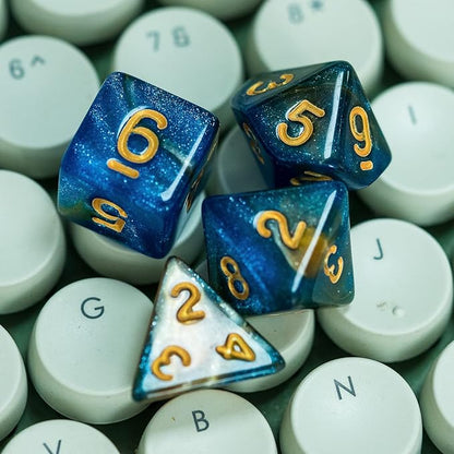 7-Die DND Dice Set Polyhedral Dice Set with a Leather Dice Bag, D&D Dice Set for Dungeons and Dragons, RPG Table Games (Blue Yellow/Glitter)