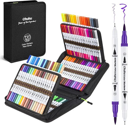 Ohuhu Markers for Adult Coloring Books No Bleeding 120 Colors Water-based Dual Tips Fineliner & Brush Coloring Markers for Kids Adults Beginners Drawing Pens for Journaling Lettering - Maui - White