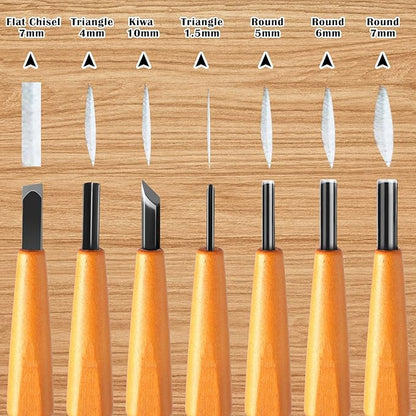 Lasnten 7 Pcs Wood Pumpkin Carving Tools Set Linoleum Hand Wood Knife Chisels Flat V-shaped Half Round Angled Gouge Carving Kit for DIY Linocut Printmaking Woodblock