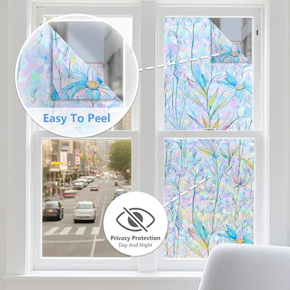 FINNEZ Window Privacy Film Stain Glass Film Flowers Rainbow Window Film Window Clings Non-Adhesive Reusable Decorative for Home（Blue Lotus，23.6 Inch x 6.5 Feet）