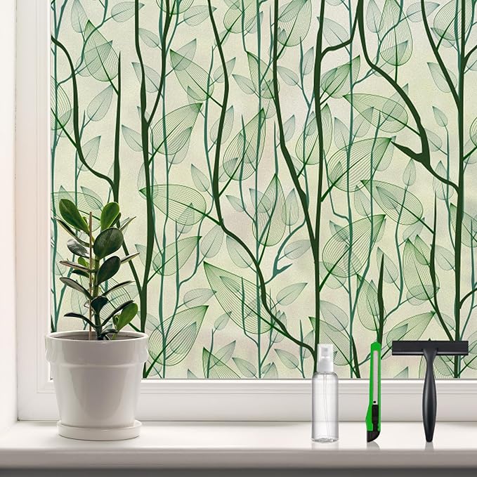 DKTIE Window Film Privacy with Installation Tools, Decorative Stained Glass Window Clings for Home, Static Cling Window Sticker for Front Door, Bathroom, Glass Door (Dark Green, 35.4'' x 118.1'')