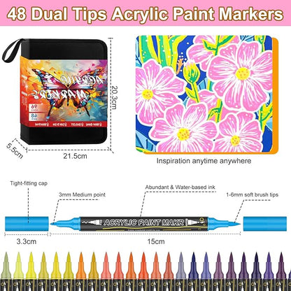 96 Colors Dual Tip Acrylic Paint Markers, 48 Pack Waterproof, Non-Toxic, Odorless Acrylic Markers Pens，Paint Pens & Paint Markers for Rock, Wood, Glass, Stone, Canvas, Fabric and Paper Painting