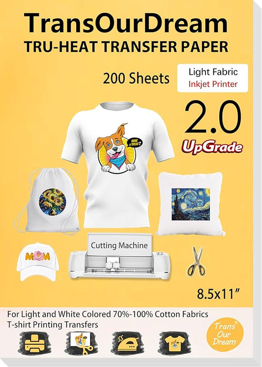 TransOurDream Heat Iron on Transfer Paper for Light T Shirts (200 Sheets, 8.5x11", 2.0) Printable HTV Heat Transfers Vinyl for Inkjet Printer, Iron on Transfers for Light Fabric