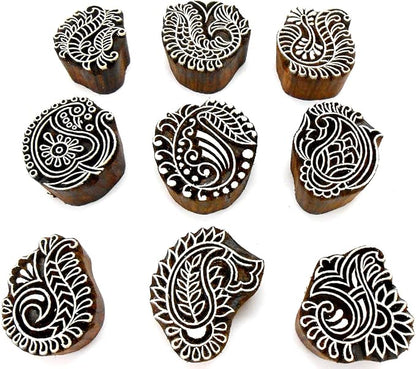 Crafts of India Stylish Paisley Wooden Blocks for Stamping, Block Printing on Textiles, Pottery Crafts,Henna, Scrapbooking, Wall Painting (Set of 9)
