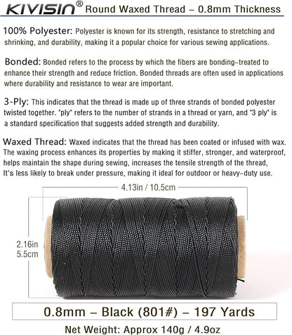 Bonded 0.8mm Round Waxed Polyester Cord, 3-ply Wax Coated Thread, 197 Yards Stiff String for Heavy Duty Fabric, Leather Sewing, Book Binding, Upholstery Repair, and Macrame Jewelry - Black