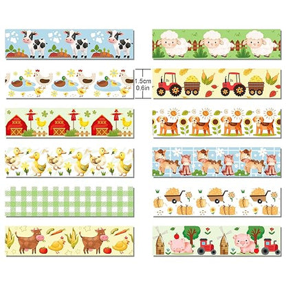 12 Pcs Farm Animals Washi Tape Farm Animals Masking Tape Decorations Farmhouse Cow Sheep Pig Ducks Decorative Paper Sticker for Vintage Journals, Planners, DIY Craft Gift Wrapping