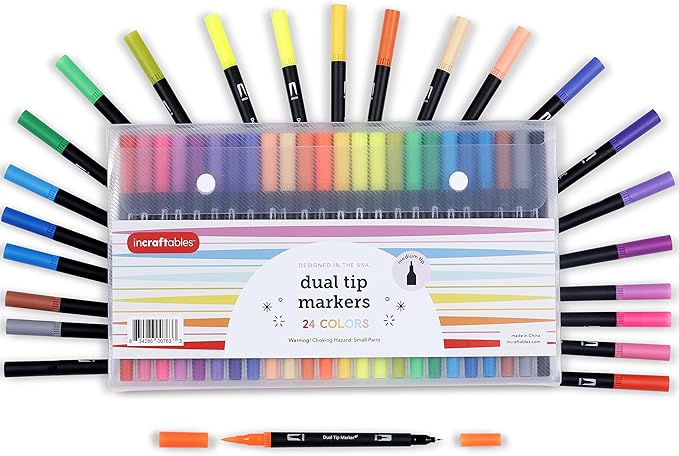 Incraftables Dual Tip Markers (24 Colors) – Adult Coloring, Brush Tip & Fine Tip Markers for Adult Coloring Books, No Bleed Dual Brush for Kids & Adults