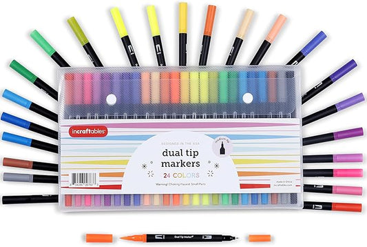 Incraftables Dual Tip Markers (24 Colors) – Adult Coloring, Brush Tip & Fine Tip Markers for Adult Coloring Books, No Bleed Dual Brush for Kids & Adults