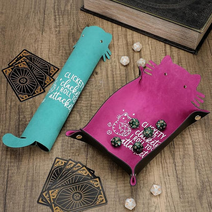 2Pcs Cat Dice Rolling Tray Novelty Folding Leather Dice Holder Portable Storage Accessories Decorative Desk Organizer Funny Gift for DND Game Players
