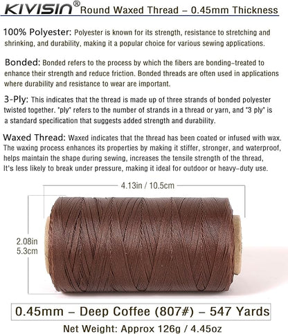 Thin Wax Polyester Thread, 0.45mm, 547 Yards, 3 Ply Round Waxed Cord Strings for Sewing, Beading, Binding, Micro Braiding, Fine Leather Craft and Micro Macrame Jewelry - Deep Coffee