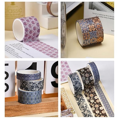 12 Rolls Exotic Charm Washi Tape Set Floral Arts Adhesive Tapes Geometric Garden Decorative Masking Tape Sets for Craft, Kids, Scrapbook, DIY, Gift Wrapping (Crimson Cliff)