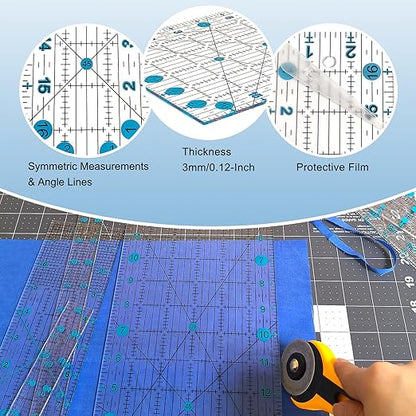 Quilting Ruler, 8 Piece Acrylic Quilting Templates, Sewing Ruler, Fabric Cutting Ruler with Non-Slip Rings, Quilting and Sewing (6"x17", 3"x17", 2"x16", 1.5"x12", 1"x12", 1"x6", 8"x3") (Blue)