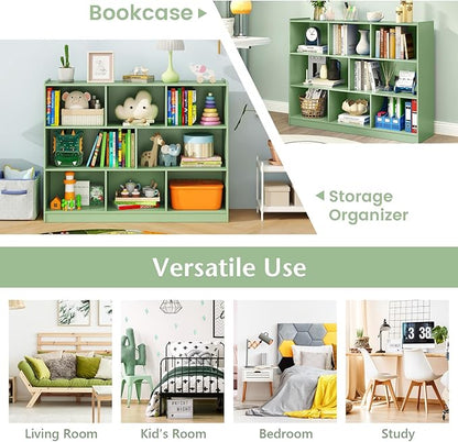 Giantex 8 Cube Bookcase, Freestanding 3-Tier Open Bookshelf, Modern Storage Display Cabinet, Wood Cube Storage Organizer for Living Room, Kid’s Room, Mint Green