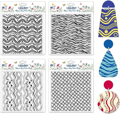 CHGCRAFT 4 Pcs Artistic Wavy Polymer Clay Texture Sheets Wavy Lines Silicone Texture Stamp Seamless Pattern Modeling Pattern Pad Sheets for Jewelry and Earrings Tools, 5.5x5.5 inch