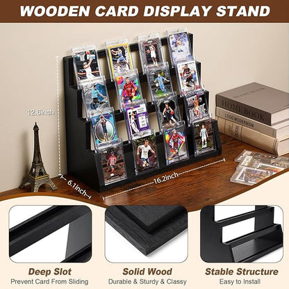 Emfogo Card Display Stand, 4-Tier Trading Card Display, Wooden Graded Baseball Sports Card Display, Trading Card Display Case for Card Collection & Show (Black)