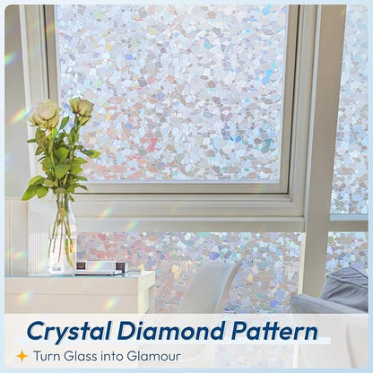 rabbitgoo Rainbow Window Privacy Film Decorative Stained Glass Diamond Pattern Window Sticker with Iridescent Tint Non-Adhesive Static Cling for Home Office Crystal Pattern, 17.5 x78.7 inch