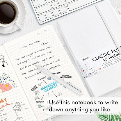 feela 5 Pack Notebooks Journals Bulk, Hardcover Notebook Classic Ruled Lined Journals with Pen Holder for Women Girls School Business Supplies, with 5 Black Pens, 120 GSM, 5.1”x8.3”, A5, White