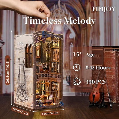 Book Nook Kit Music, DIY Miniature House Kit Book Nook, 3D Wooden Puzzle Bookshelf Insert Diorama Kit with Led Light for Teens and Adults (Timeless Melody)